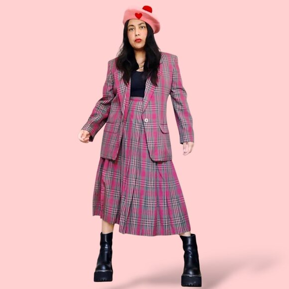 Pendleton vintage 80's USA made pink grey plaid 2 pc set jacket skirt 12/14 - Picture 3 of 8